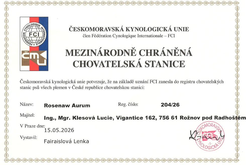 Uznání mezinárodně chráněné chovatelské stanice Rosenaw Aurum, reg. číslo 204/26